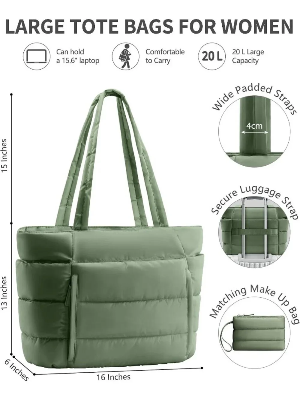 👜Women's Sage Green Puffer Tote Bag 16 Pockets Work Gym Travel Laptop Handbag
